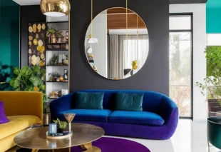 Modern luxury living room by BNG Interiors featuring a curved blue velvet sofa, a large circular wall mirror on a charcoal grey wall, and gold accents with vibrant jewel-tone decor.