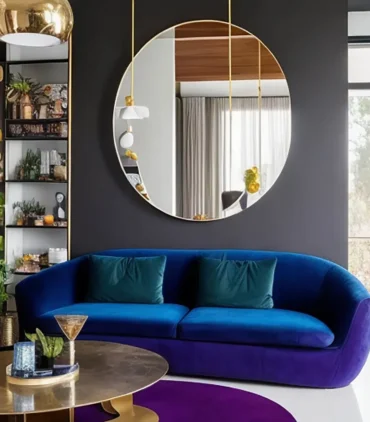 Modern luxury living room by BNG Interiors featuring a curved blue velvet sofa, a large circular wall mirror on a charcoal grey wall, and gold accents with vibrant jewel-tone decor.