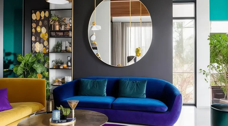 Modern luxury living room by BNG Interiors featuring a curved blue velvet sofa, a large circular wall mirror on a charcoal grey wall, and gold accents with vibrant jewel-tone decor.