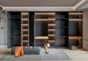 Bespoke dark grey modular shelving unit by BNG Interiors featuring integrated LED backlighting, wooden drawer accents, and a modern grey ottoman in a luxury interior