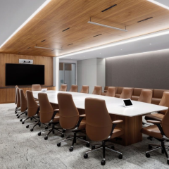 Modern conference hall interior design with organized seating and professional lighting