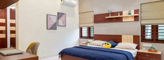 bedroom interior Modern bedroom interior with wooden bed, study desk and storage furniture