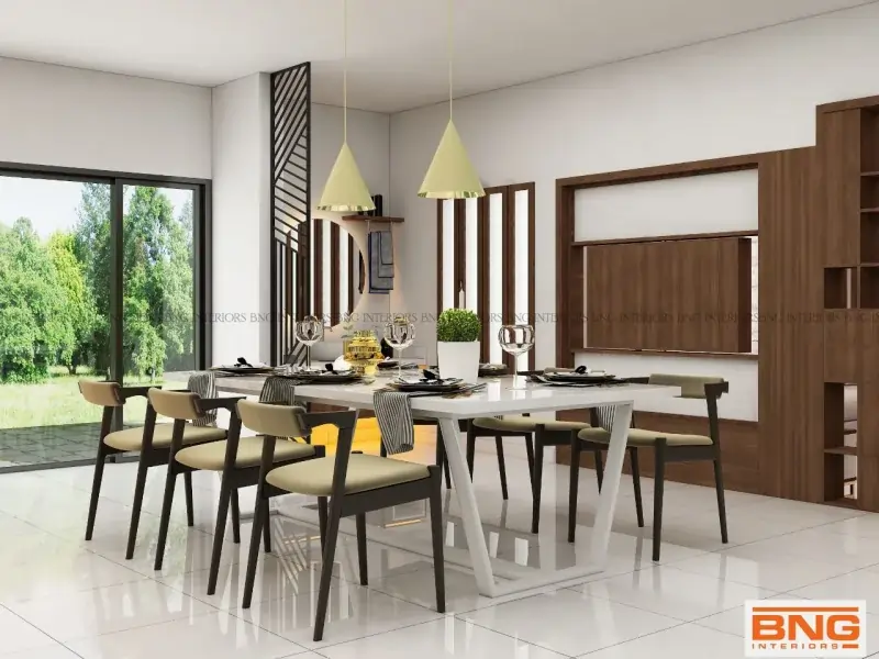 food space Contemporary dining room interior featuring minimalist furniture and warm tones