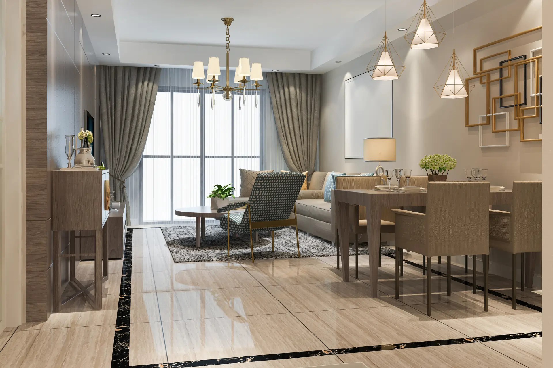 Best interior designers in Kerala modern living and dining room with marble flooring, pendant lights, wooden furniture, and elegant curtains.