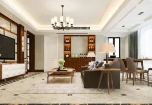 Best interior designers in Kerala modern luxury living room with wooden cabinets, marble flooring, chandelier lighting, and elegant furniture.