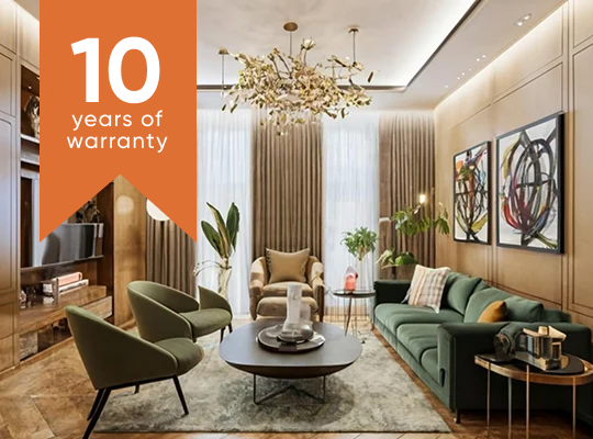 10+ (2) Contemporary luxury living room interior with green sofa, armchairs, wooden wall panels, chandelier lighting, and a 10-year warranty badge.