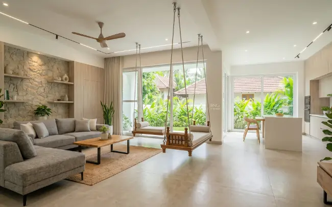 Modern interior design living room with wooden swing, grey sofa, open kitchen, and large glass windows