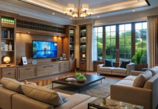 Modern interior design living room with wooden wall unit, TV cabinet, cozy sofas, and large glass windows
