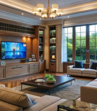 Modern interior design living room with wooden wall unit, TV cabinet, cozy sofas, and large glass windows