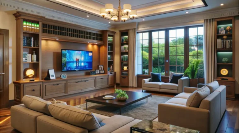 Modern interior design living room with wooden wall unit, TV cabinet, cozy sofas, and large glass windows