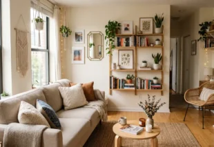 Small apartment decor featuring a cozy living room with a beige sofa, floating bookshelves, indoor plants, and natural wood accents.