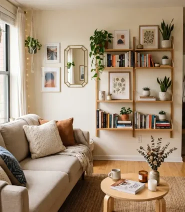 Small apartment decor featuring a cozy living room with a beige sofa, floating bookshelves, indoor plants, and natural wood accents.