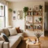 Small apartment decor featuring a cozy living room with a beige sofa, floating bookshelves, indoor plants, and natural wood accents.