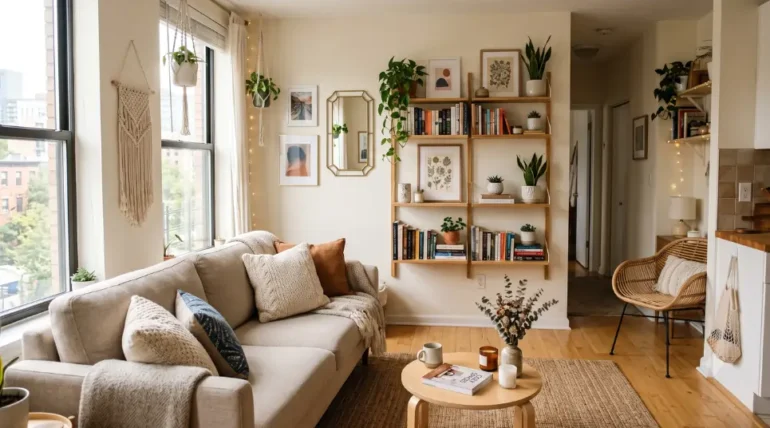 Small apartment decor featuring a cozy living room with a beige sofa, floating bookshelves, indoor plants, and natural wood accents.