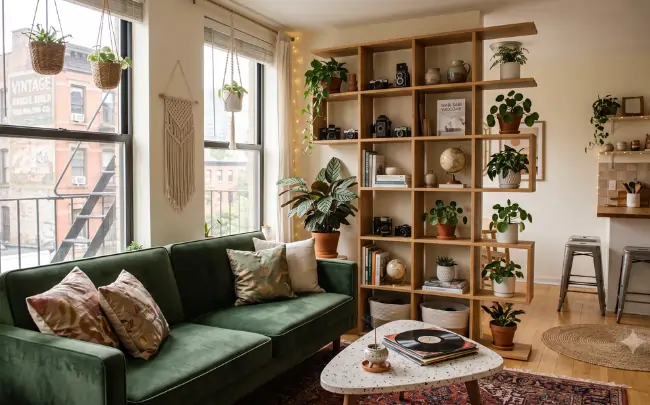 Small apartment decor featuring a green sofa, wooden open shelving, indoor plants, and modern minimalist living room design.