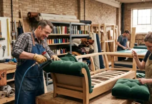 Sofa makers near me working on custom wooden sofa manufacturing and upholstery in a furniture workshop