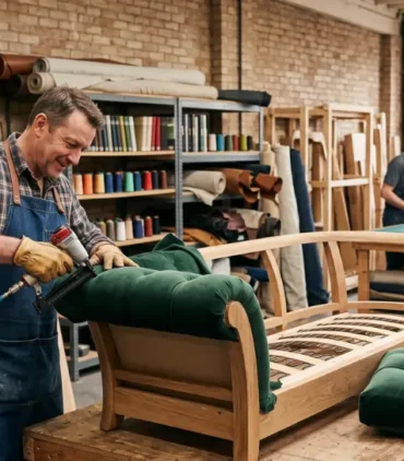 Sofa makers near me working on custom wooden sofa manufacturing and upholstery in a furniture workshop