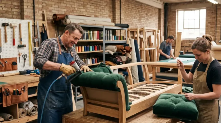 Sofa makers near me working on custom wooden sofa manufacturing and upholstery in a furniture workshop