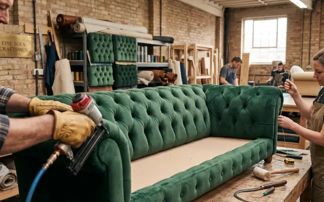 Expert sofa makers upholstering a green tufted custom sofa in a professional furniture workshop.