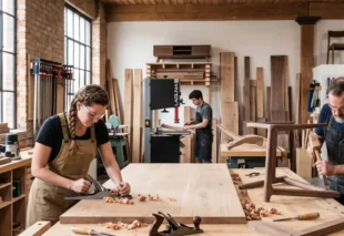 Skilled wood furniture makers crafting custom solid wood furniture in a professional woodworking workshop using traditional hand tools and premium hardwood.