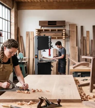 Skilled wood furniture makers crafting custom solid wood furniture in a professional woodworking workshop using traditional hand tools and premium hardwood.