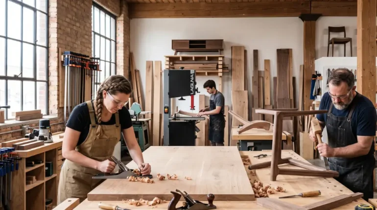 Skilled wood furniture makers crafting custom solid wood furniture in a professional woodworking workshop using traditional hand tools and premium hardwood.
