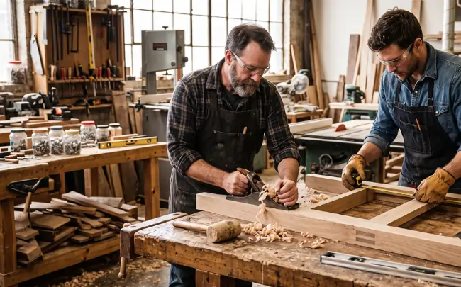 Skilled wood furniture makers crafting custom wooden furniture by hand in a professional woodworking workshop using precision tools and premium-quality timber.