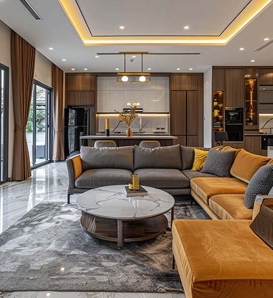 Modern living room interior design with orange sectional sofa by BNG Interiors Malappuram