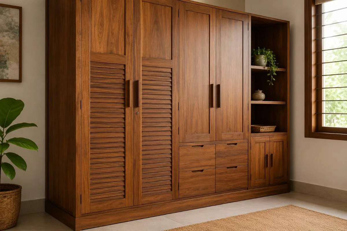 Handcrafted solid wood wardrobe and cabinet unit with natural wood grain, paneled doors, drawers, open shelving, and soft daylight from a nearby window.