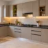 Low budget interior design featuring a completed modern modular kitchen with neutral laminate cabinets and granite countertop