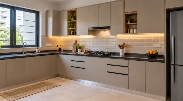 Low budget interior design featuring a completed modern modular kitchen with neutral laminate cabinets and granite countertop
