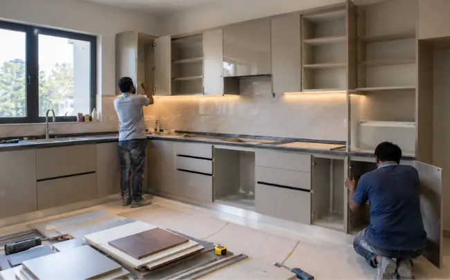 Low budget interior design with a modern modular kitchen under installation, laminate cabinets, granite countertop, and material samples