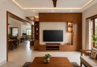 Handcrafted solid wood wardrobe and cabinet unit with natural wood grain, paneled doors, drawers, open shelving, and soft daylight from a nearby window.