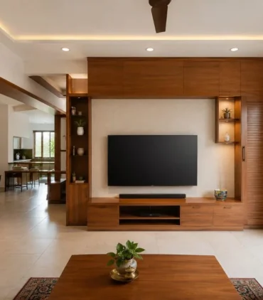 Handcrafted solid wood wardrobe and cabinet unit with natural wood grain, paneled doors, drawers, open shelving, and soft daylight from a nearby window.