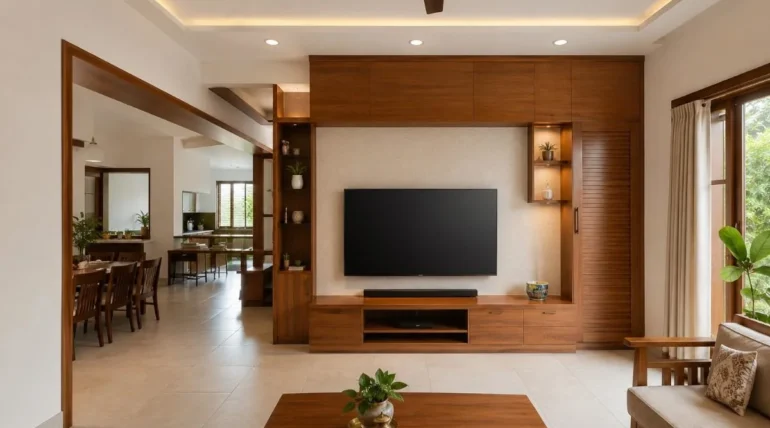 Handcrafted solid wood wardrobe and cabinet unit with natural wood grain, paneled doors, drawers, open shelving, and soft daylight from a nearby window.