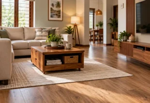 Modern living room design in a Kerala home with a warm neutral sofa, teak furniture, and natural daylight