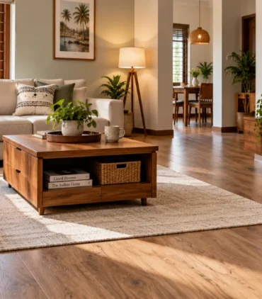 Modern living room design in a Kerala home with a warm neutral sofa, teak furniture, and natural daylight