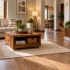 Modern living room design in a Kerala home with a warm neutral sofa, teak furniture, and natural daylight
