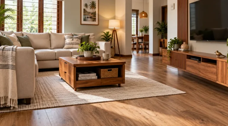 Modern living room design in a Kerala home with a warm neutral sofa, teak furniture, and natural daylight