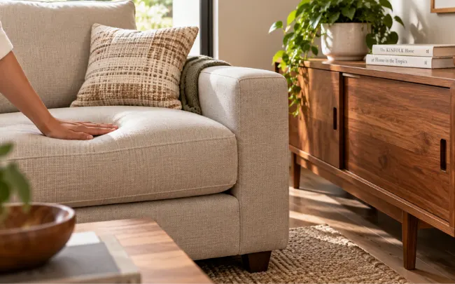 Modern living room design featuring a fabric sofa cushion being pressed beside a warm wood console
