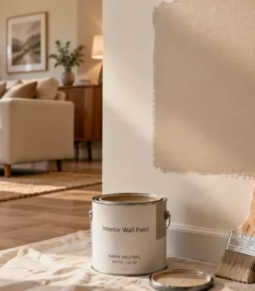 Wall paint colors shown as a warm neutral sample on a living room wall with natural daylight