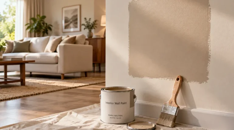 Wall paint colors shown as a warm neutral sample on a living room wall with natural daylight