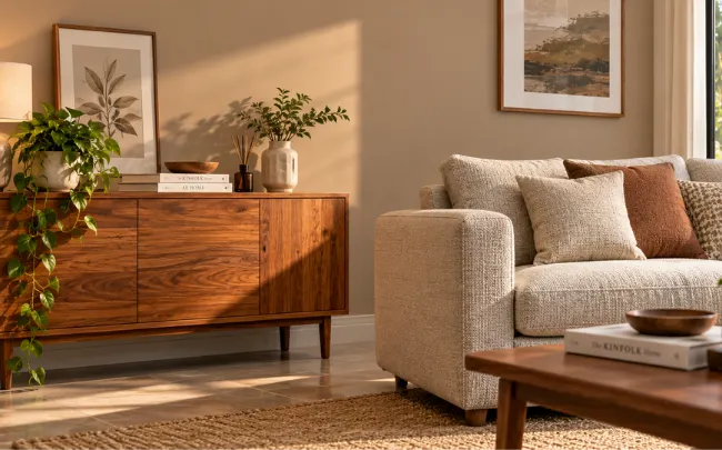 Wall paint colors coordinated with a teak-finish console and textured upholstered sofa in a modern living room
