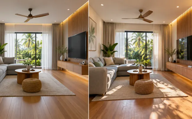Interior design 3D render of a living room compared with the finished room from the same angle