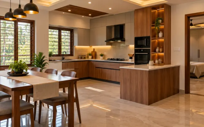 Finished modular kitchen and wardrobe in a new house interior design project