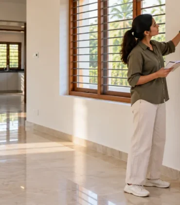 Designer measuring an empty room for new house interior design before moving in
