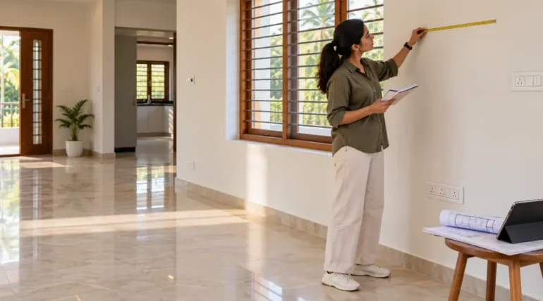 Designer measuring an empty room for new house interior design before moving in