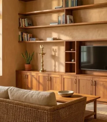 Wall decor for living room with teak wood shelving, closed lower cabinets and open display shelves