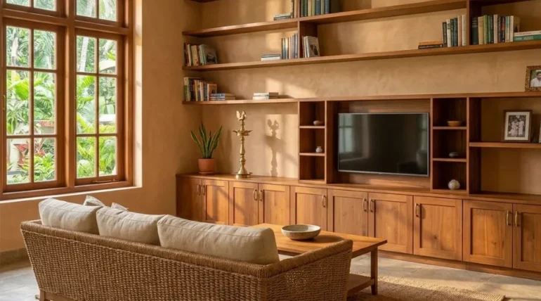 Wall decor for living room with teak wood shelving, closed lower cabinets and open display shelves